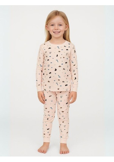 Kız Çocuk Dinozor Baskılı Pamuklu Pijama Takımı-16054 Pudra