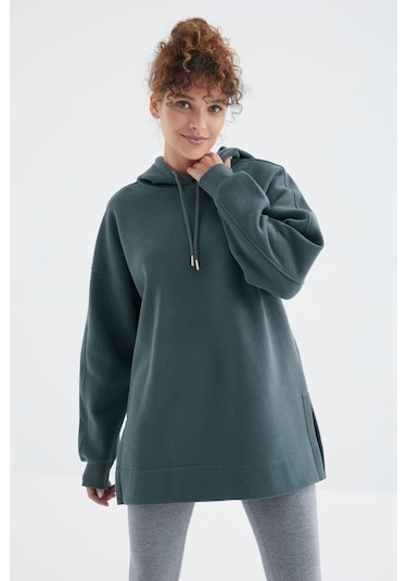 Tommy Life Orman Yeşili Reglan Kol Basic Kapüşonlu Oversize Sweatshirt Tunik - 97242 Orman Yeşili
