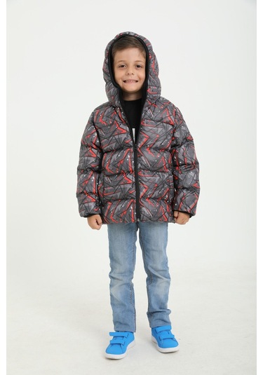 Erkek Çocuk Siyah Geometrik Desen İçi Polar Su Ve Rüzgar Geçirmez Kapüşonlu Cepli Şişme Kışlık Mont Siyah