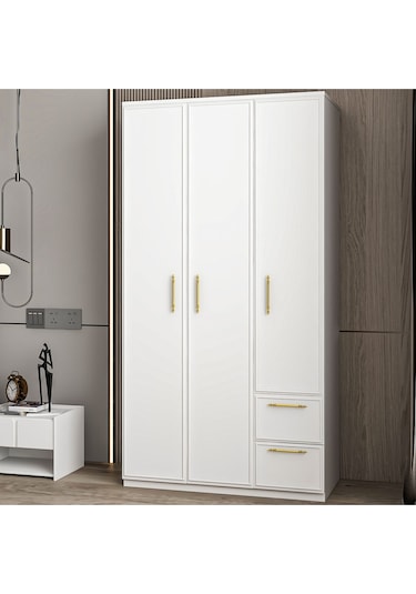 Vespera Çıta Detaylı 3 Kapaklı, Çekmeceli Gardırop Beyaz, 90 Cm