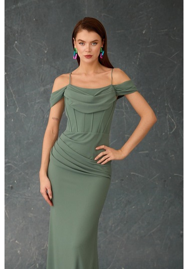 Carmen Kadın Askılı Uzun Şifon Abiye Elbise 58464 Çağla Çağla