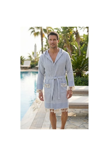 Kapşonlu Unisex Peştemal Plaj Bornozu %100 Pamuklu Seaside Stripe Mavi