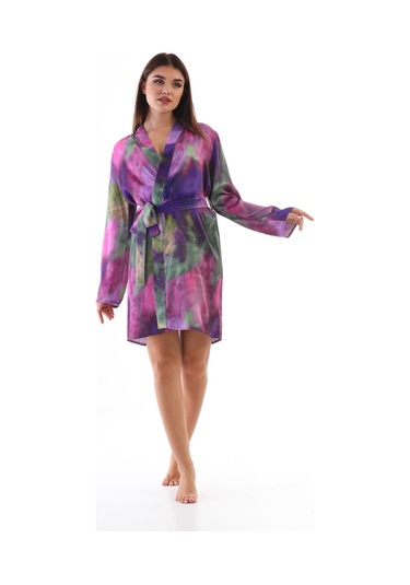 Laperissa Kadın Çok Renkli Saten Dokuma Sabahlık Kuşaklı, Desenli Ve Şık Ev Giyim Çok Renkli