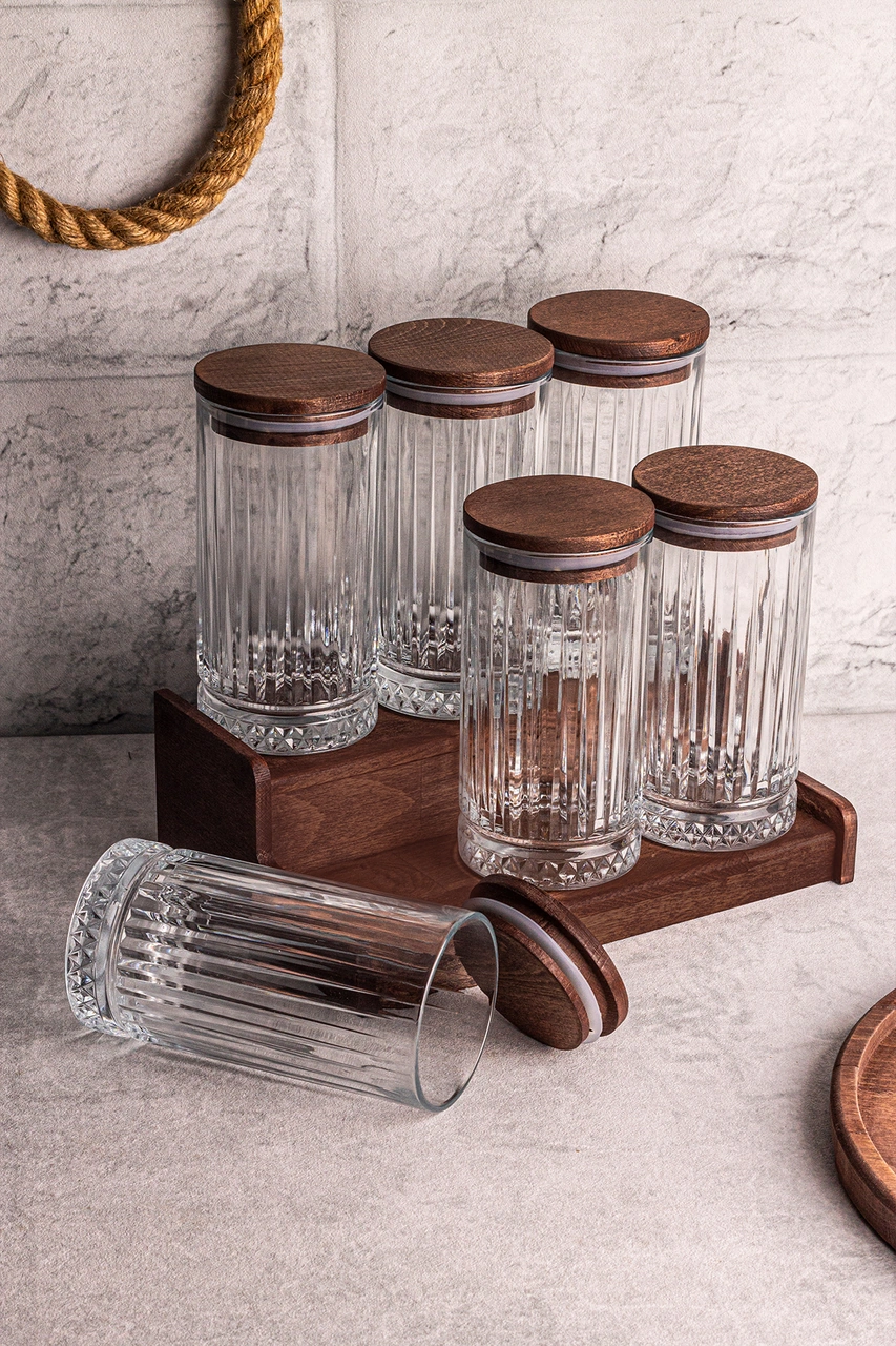 Mira 7 Parça Ahşap Vakumlu Kapaklı Standlı Cam Baharatlık Seti 450 Ml Çok Amaçlı Saklama Kabı Ahşap