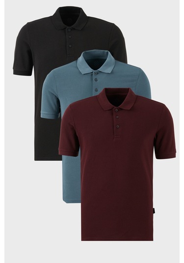 Buratti Pamuklu Regular Fit Düğmeli Polo Yaka 3'Lü Paket Erkek T Shirt 5902127S3 Siyah-Vişne-Petrol