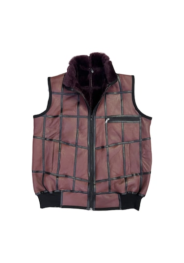 Içi Kürk-Dışı Süet Gerçek Deri Yakalı Ve Trikolu Yelek Bordo