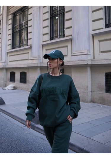 Reka Moda Bisiklet Yaka Nakış İşlemeli Üç İplik Sweat Takım - Yeşil Yeşil