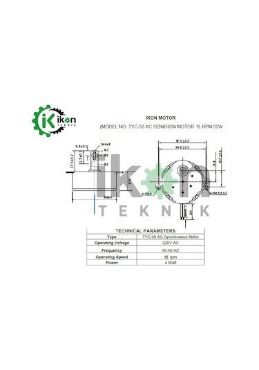 İkon Teknik AC SENKRON MOTOR TYC 50 4 Watt 220 Volt 20 RPM TEK YÖN [CW]