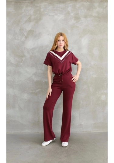 Osy Modal Yumuşak Dokulu Kumaş Bisiklet Yaka Parçalı Detaylı Kısa Kollu Takım - Bordo Bordo