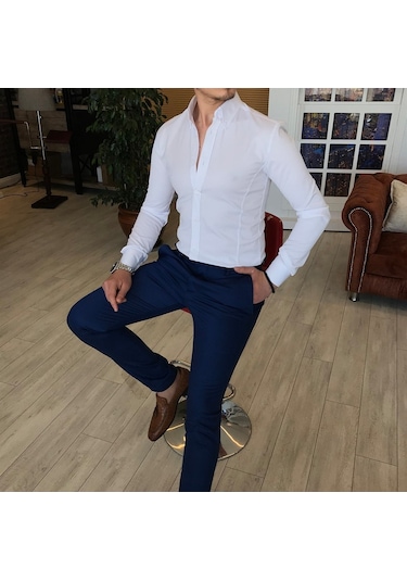 Italyan Stil Slim Fit Dik Yaka Saten Erkek Gömlek Beyaz T4754