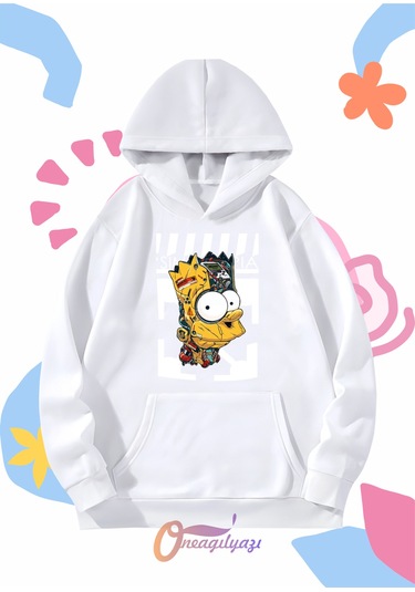 Çocuk Unisex Simpson Baskılı Oversize Kapüşönlü Sweatshirt BEYAZ