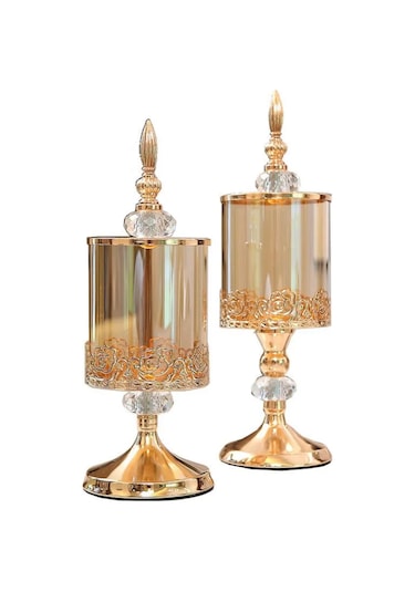 Monyee Modern Basit Stilde Metal Ve Kristal Cam Mumluk, Depolama Kavanozu, Dekorasyon - Fransız Altın, 29cm Büyük Boyut, Pembe Dantel Desenli, 3d Kesikli Kristal