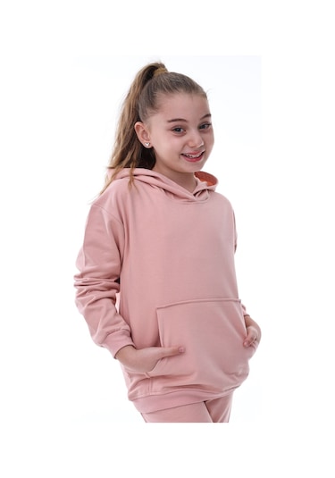 Zuzunga Basic Kapüşonlu Şardonlu Kanguru Cep Detaylı Çocuk Sweatshirt 3-10 Yaş Pudra