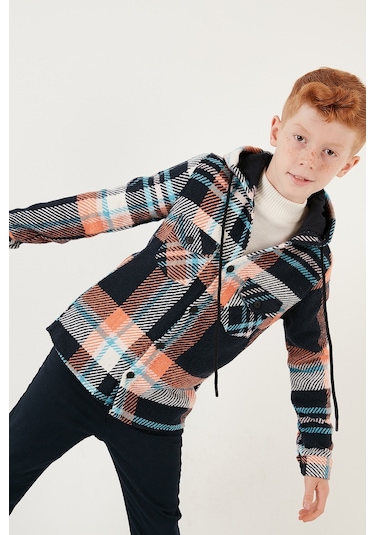 Lela Kapüşonlu Çift Cepli Ekoseli Kışlık Oduncu Erkek Çocuk Gömlek Cf24W81781 Lacivert-Turuncu