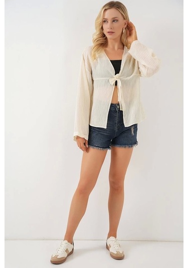 Önü Bağcıklı Bluz 952 - Krem Krem