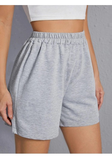Penye Şort - Gri Basic Kısa Baskısız Kordonsuz Gri