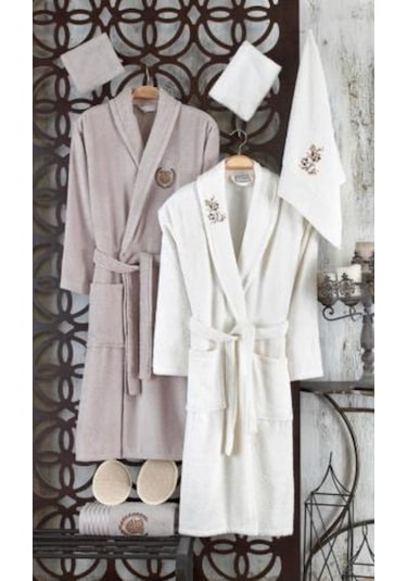 Güvenal Rüya 10 Parça Nakışlı Bornoz Seti | Bornoz Takımı Kahverengi - Pudra