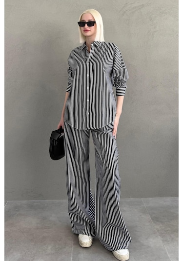 Madmext Siyah Çizgili Gömlek Pantolon Kadın Takım Mg2457 Siyah