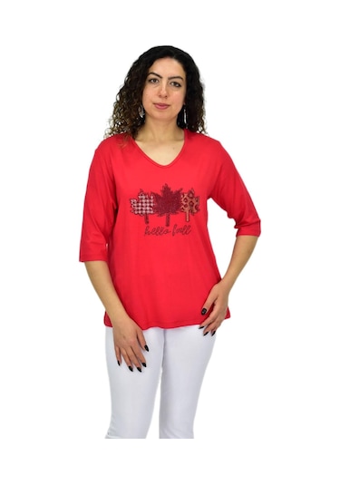 Caftan Kadın Kısa Kol Taşlı Bluz Bgl-st04711 Kırmızı