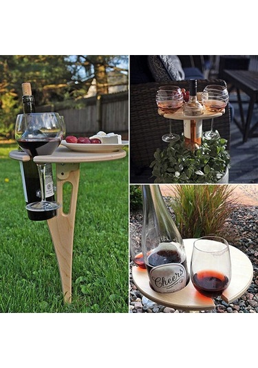 Taşınabilir Açık Katlanır Ahşap Şarap Masası Şarap Cam Tutucu Plaj Arka Bahçe Piknik Partisi İçin Kahverengi