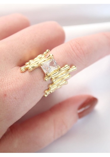 Gold Renk Tırtıklı Kalın Baget Taş Tasarım Ayarlanabilir Yüzük Altın