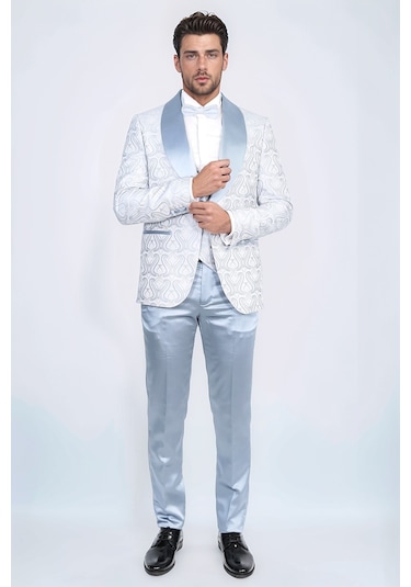 Dalgalı Desenli S Al Yaka Yelekli Buz Mavi Smokin - Wessi İndigo