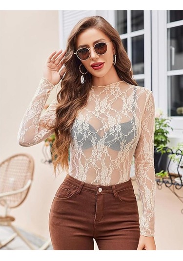 Kadın File Üst Uzun Kollu Balıkçı Yaka Şeffaf Bluz Şeffaf Çiçek Dantel Üstler Gri
