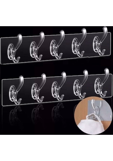 2 Adet 5 Li Yapışkanlı Şeffaf Duvar Askısı Mutfak Düzenleyici Şeffaf