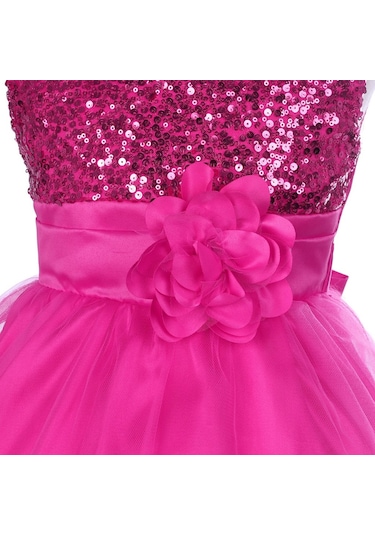 Kız Çocuk Pullu Payetli Abiye Elbise-Fuşya