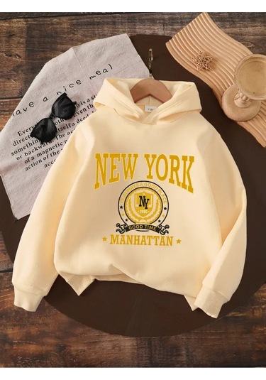 Kışlık Kapüşonlu Sweatshirt, Çocuk New York Manhattan Baskılı Bej