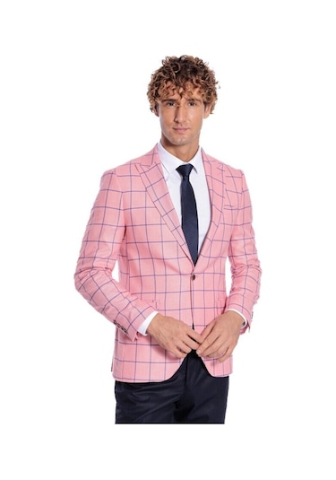 Mavi Kare Desenli Slim Fit Pembe Erkek Ceket 001