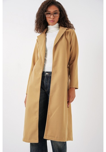 9118 Kruvaze Yaka Kaşe Kaban - Hardal Hardal