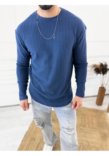 Uzun Kollu Tişört Fitilli Bisiklet Yaka Yumuşak Dokulu Tüylenmez Pamuklu Kazak Sweatshirt Lacivert