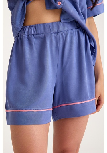 Dream Gri Mavi Viskon Kısa Kollu Şortlu Önden Düğmeli Pijama Takım Mavi