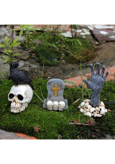 3 Minyatür Kafatası Başı Figürleri Seti Karga Mezar Taşı Hayalet El Figürleri Modelleri Patio Çim Bahçe Veranda Dekorasyonu İçin
