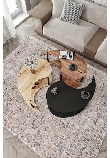 Yin Yang Unıty Serenıty Orta Sehpa 3 Lü Safir Meşe Madran Ceviz Siyah 90 Cm Çap Siyah