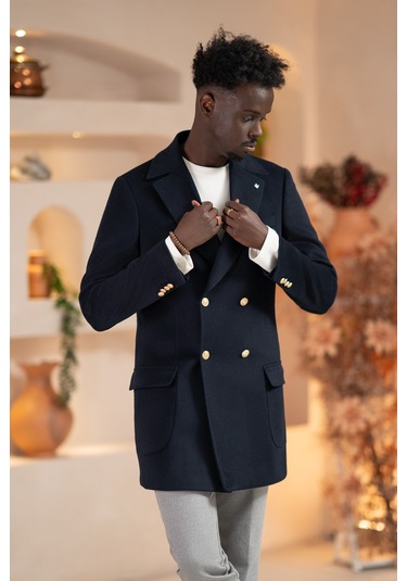 Paul Martin İtalyan Yaka Yünlü Kruvaze Kaşe Kaban Lacivert