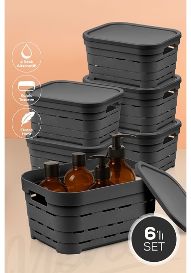 6'lı Kapaklı 3,8 Litre Delikli Saklama Kutusu Antrasit Antrasit