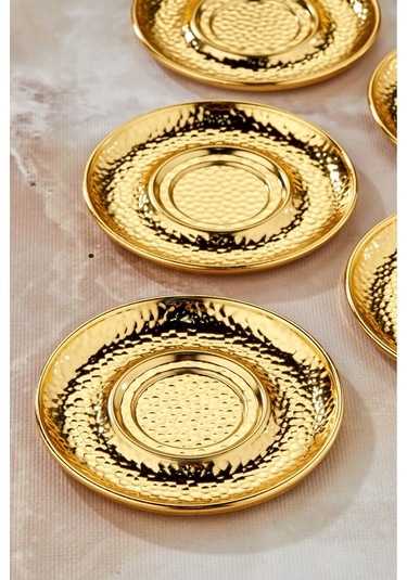 Cooker 6'lı Metal Dövme Desen Çay Tabağı Gold Ckr3577 Gold