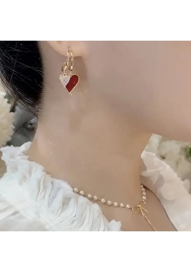 Mumicemum Glamour Çift Kalp Sallantılı Küpeler Altın - Kırmızı