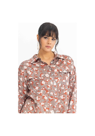 Galaxi Kadın Büyük Beden Desenli Manşetli Gömlek 3051000 Vizon