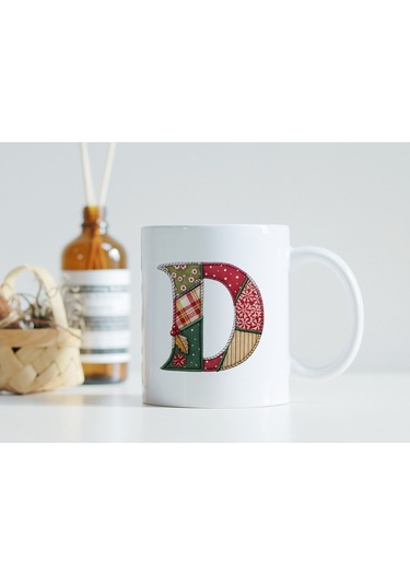 D Harfi Yılbaşı Temalı Kupa Bardak - Yeni Yıl Konsept Yamalı Efekt Tasarım - Noel Hediye Beyaz