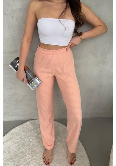 Kadın Yavruağzı Yüksek Bel Fitilli Bol Paça Günlük İnce Eşofman Altı Yavruağzı