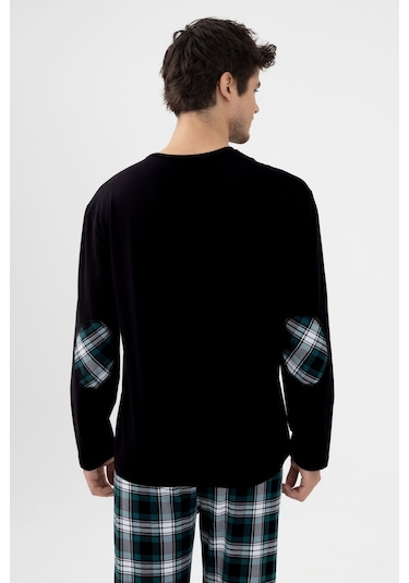 Erkek Pamuklu Uzun Kollu Yamalı Ekose Desenli Pijama Takımı Ko60104 Yeşil