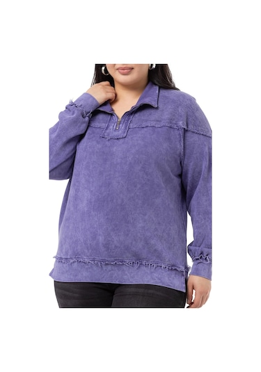 Büyük Beden Pis Dikişli Fermuarlı Yırtmaçlı Parça Boyalı Mor Sweatshirt-mor Mor