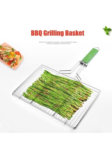 Pazly Üç Boyutlu Paslanmaz Çelik Izgara Ağı, Ahşap Saplı Balık Klipsi, Gümüş Yeşil Renk Gümüş