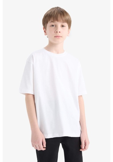 Defacto Erkek Çocuk Bisiklet Yaka Basic Düz Kısa Kollu Tişört K1687a625auwt32 Beyaz