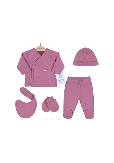 3 Ay Cepli Çizgili 5'li Hastane Çıkış Seti Gül Kurusu Gülkurusu