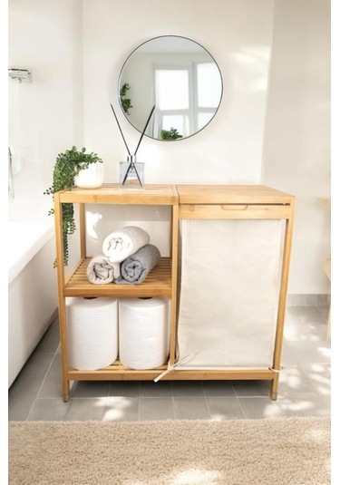 Digithome Bambu 3 Raflı Kumaş Sepetli Banyo Düzenleyici Kirli Çamaşır Sepeti D/8 Jw-22750 Naturel