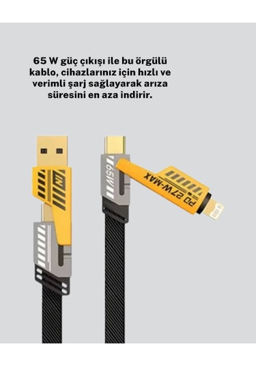 Hızlı Şarj Destekli 65w Örgülü Usb-c Ve Usb-a Çoklu Şarj Kablosu